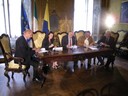 Siglato accordo Casa di Fausta. Da sinistra a destra: presidente Provincia Emilio Sabattini, direttore generale del Policlinico Licia Petropulacos, sindaco Modena Giorgio Pighi, presidente Aseop Erio Bagni, presidente Acer Andrea Casagrande