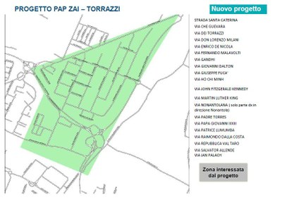 Pap Torrazzi, la pianta dell'area e l'elenco delle vie interessate