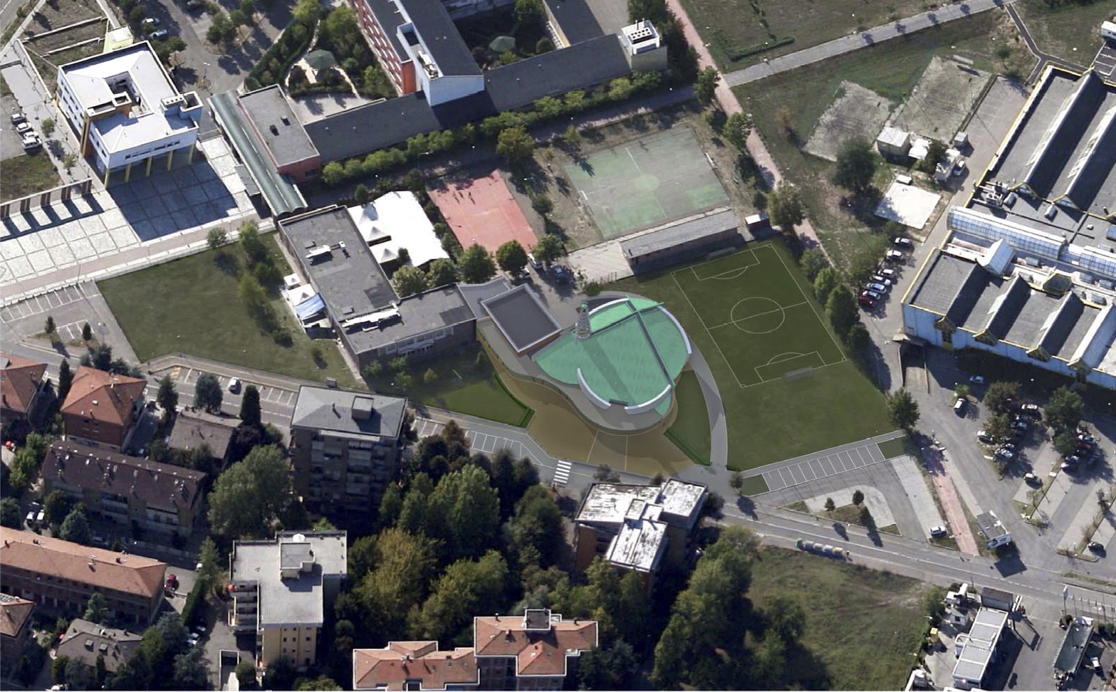 vista dall'alto dell'area della chiesa Regina Pacis - stato di progetto