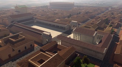 030 Ricostruzione virtuale di Mutina, Foro e anfiteatro sullo sfondo. A cura di Altair4.jpg