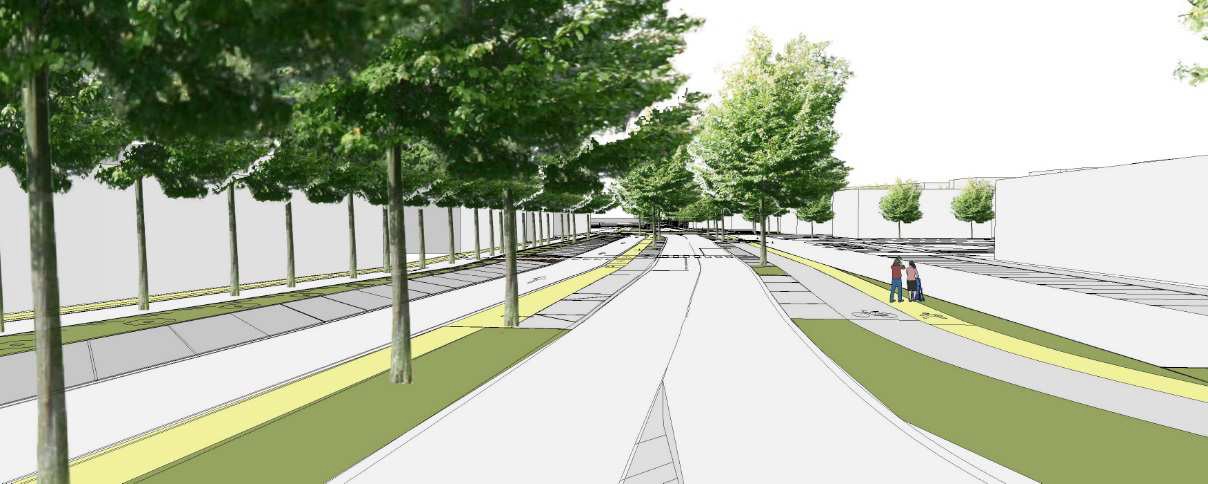 Nel disegno via Finzi con ciclabile e doppio filare di alberi