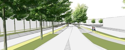 Nel disegno via Finzi con ciclabile e doppio filare di alberi