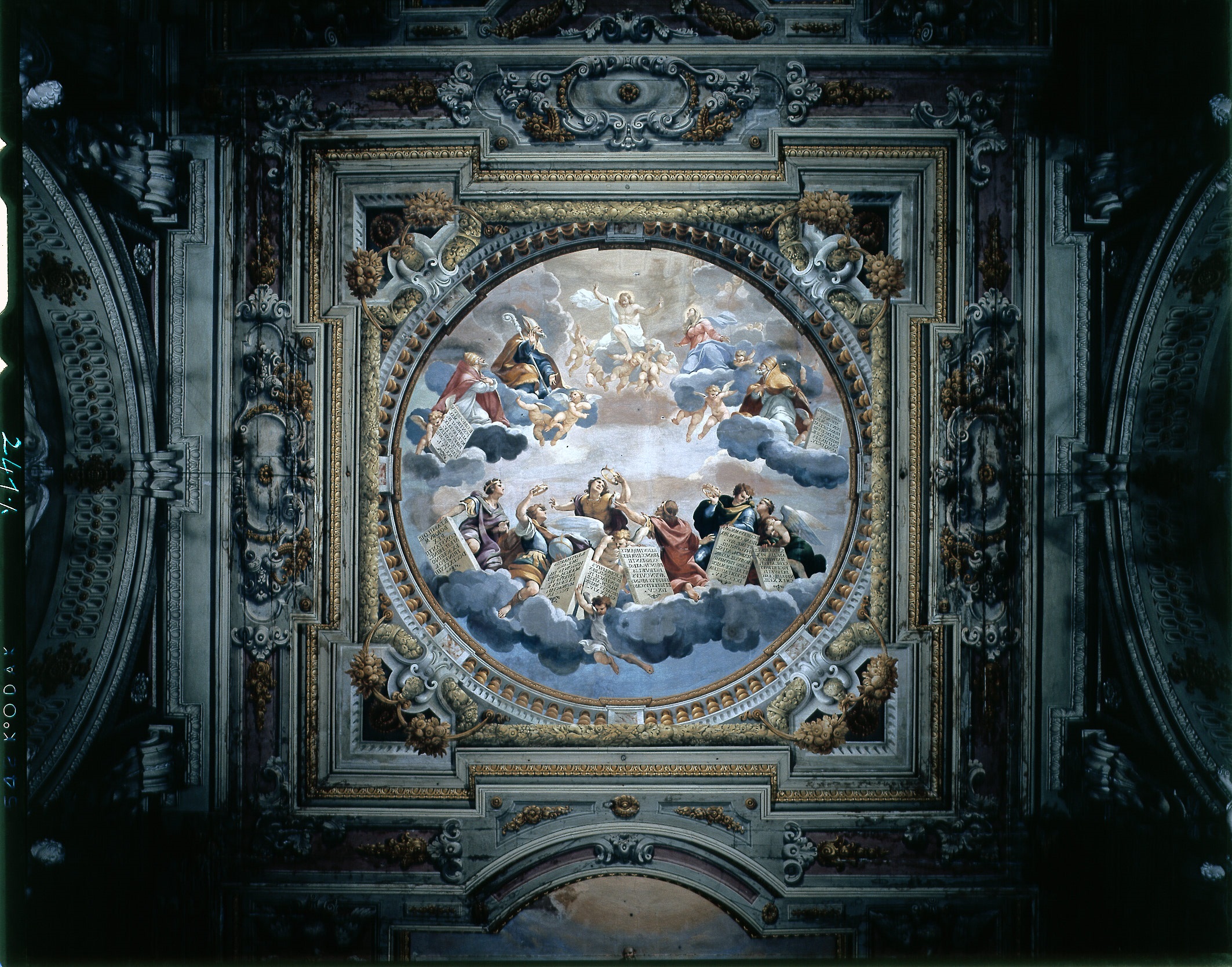Francesco Stringa, Cristo in gloria affiancato dalla Vergine e da S. Agostino appare ai santi pontefici e sovrani, pittura su intonaco.jpg