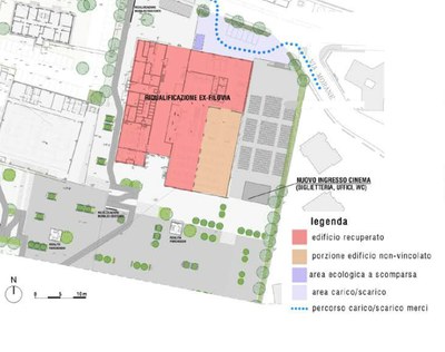 L'area del cinema estivo nel comparto ex Amcm con indicata la zona della nuova biglietteria