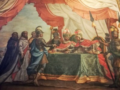 L'Imperatore Barbarossa firma la  pace di Costanza con i rappresentanti dei Comuni.jpg