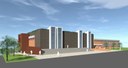Il rendering di progetto del complesso della palestra e dell'auditorium