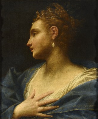 Testa di fanciulla riccamente abbigliata.