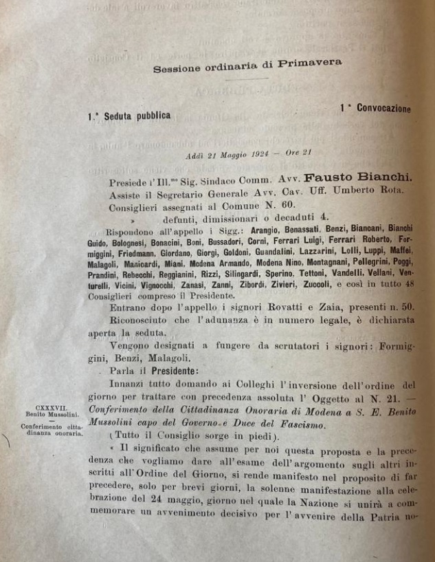 La prima pagina del verbale della seduta del Consiglio del 1924
