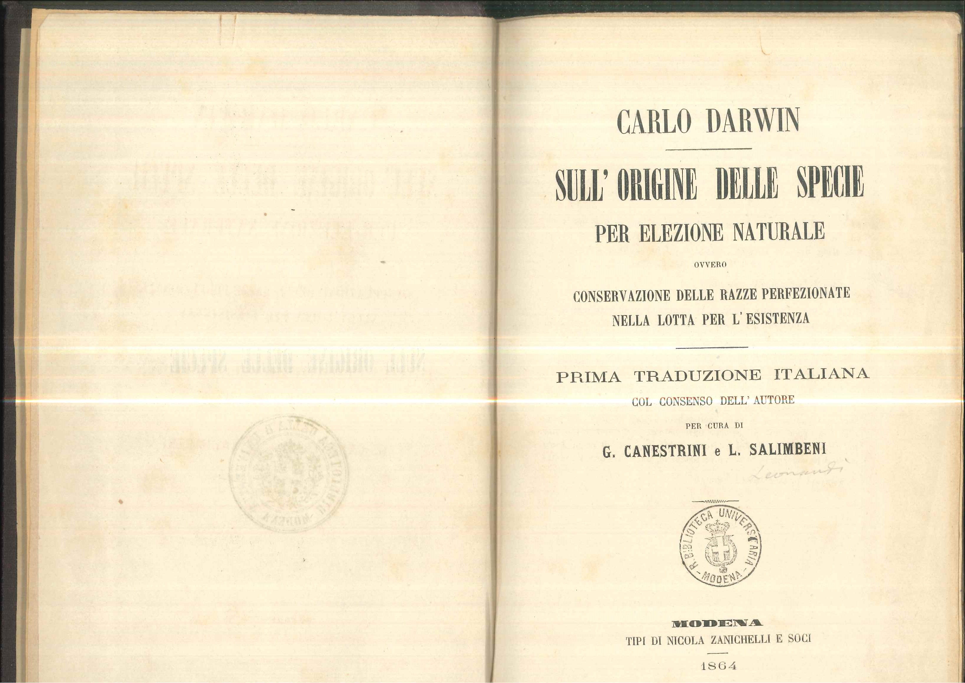 Giovanni Canestrini, prima traduzione di L'origine delle specie di Darwin